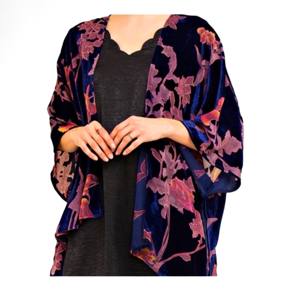 Rich Floral Navy and Coral Ruana Cape size L